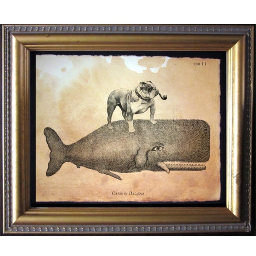 English Bulldog on Whale Art Print Tea Stained